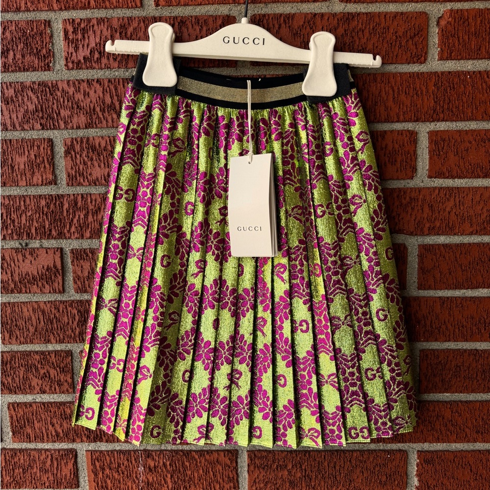 Gucci bow lame jacquard pleated skirt, metallic green/pink GG Guccissima 8 NWT